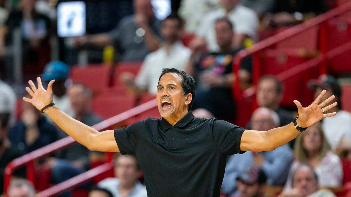 Miami Heat head coach Erik Spoelstra reacts as his team plays against the Toronto Raptors during the second half of an NBA basketball game at FTX Arena on Monday, Oct. 24, 2022, in Miami, Fla.