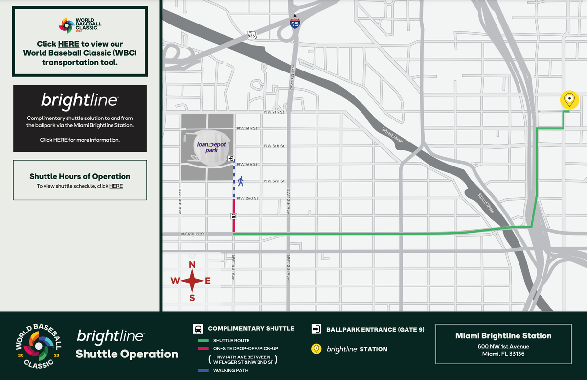 A map showing the path of the shuttle from the Brightline station to loanDepot park for the World Baseball Classic.