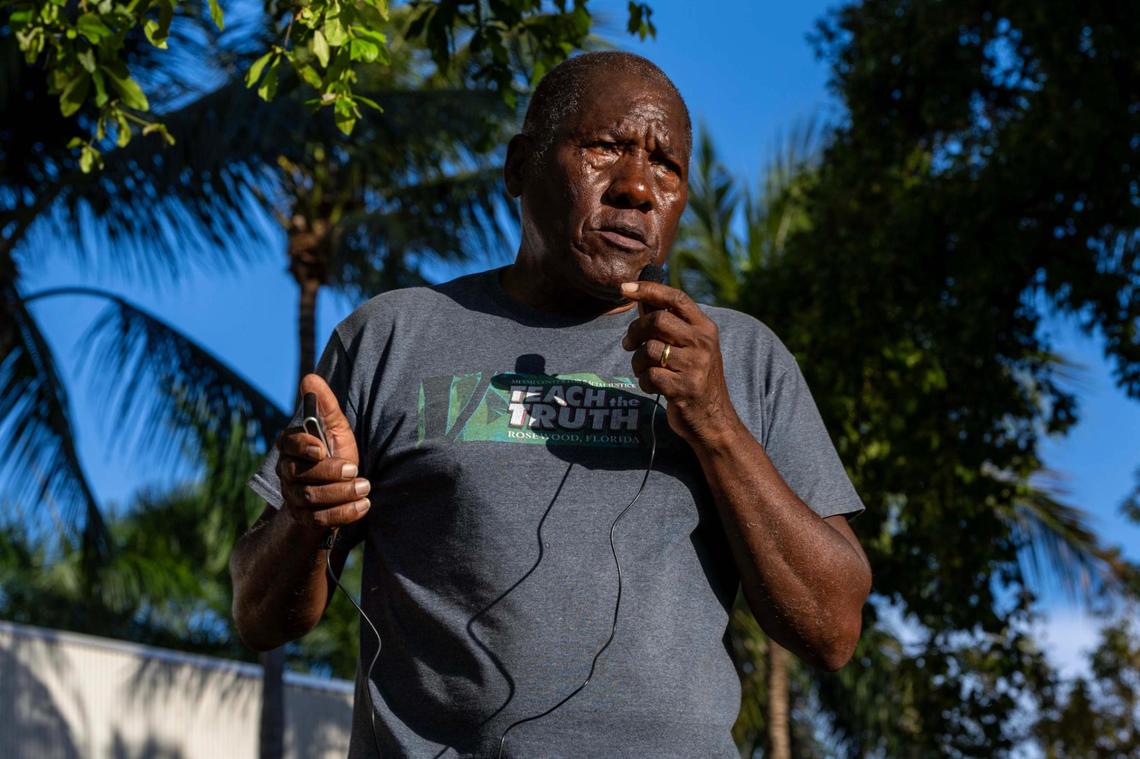 Former Florida International University professor and historian Marvin Dunn speaks to attendees about the Rosewood Massacre during a “Black History Learning Tree” event at FIU on Tuesday, April 1, 2025, in Miami, Fla.