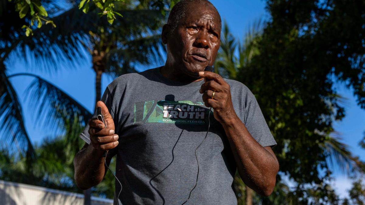 Former Florida International University professor and historian Marvin Dunn speaks to attendees about the Rosewood Massacre during a “Black History Learning Tree” event at FIU on Tuesday, April 1, 2025, in Miami, Fla.