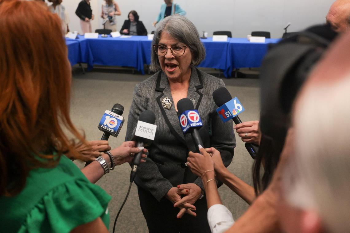 Miami-Dade County Mayor Daniella Levine Cava talks to reporters after hosting a roundtable discussion on water fluoridation with dentists, doctors, parents and public health experts at the Stephen P. Clark Government Center in downtown Miami on Monday, April 7, 2025.