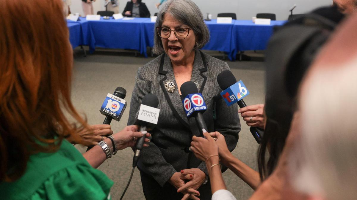 Miami-Dade Mayor Daniella Levine Cava speaks to reporters at  the Stephen P. Clark Government Center in Downtown Miami. 