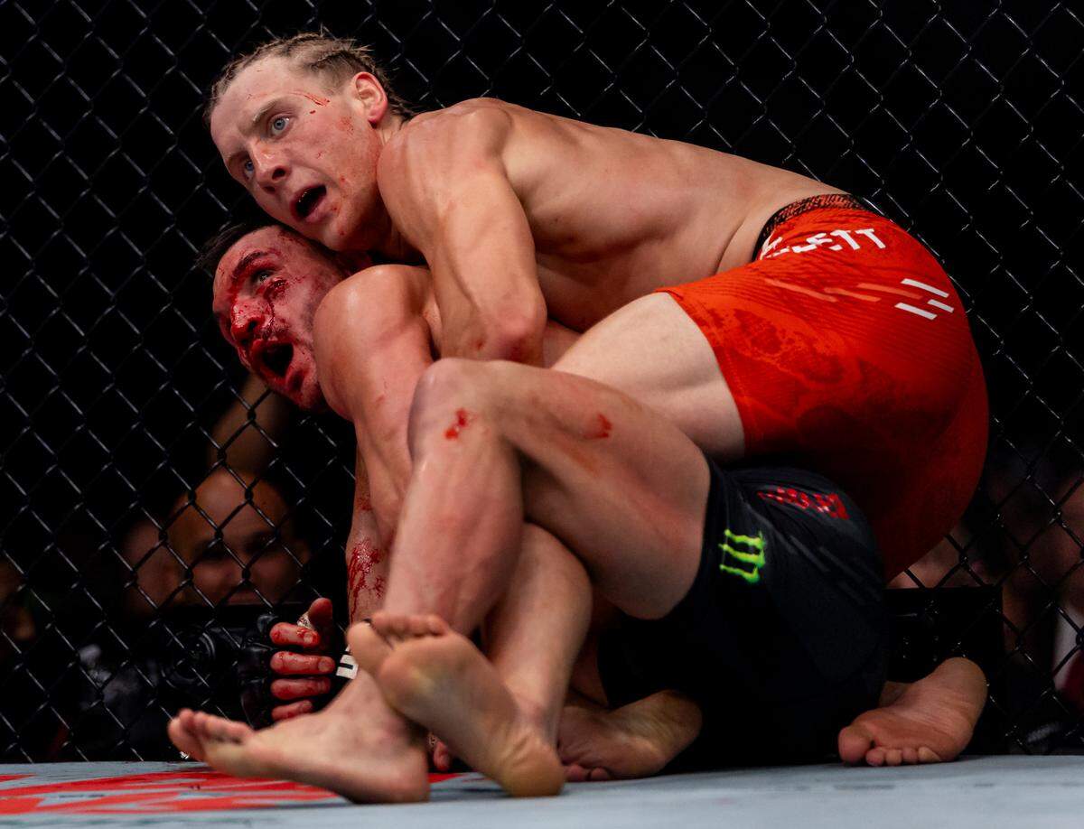 Paddy Pimblett of England fights against Michael Chandler of the United States in their lightweight bout during UFC 314 at the Kaseya Center on Saturday, April 12, 2025, in downtown Miami, Fla.