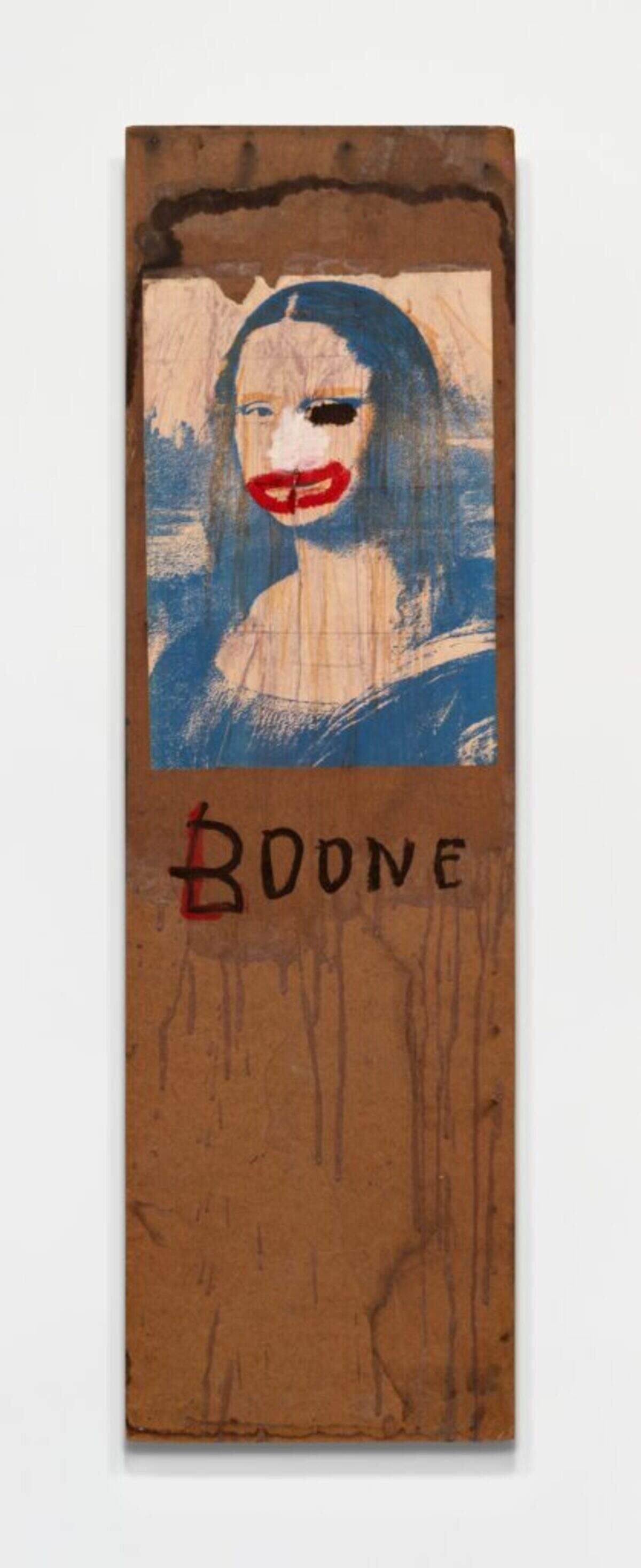 Boone,” 1983, renders Jean-Michele Basquiat’s dealer Mary Boone as the Mona Lisa, executed in paper collage, marker, and oilstick on a narrow vertical masonite panel.