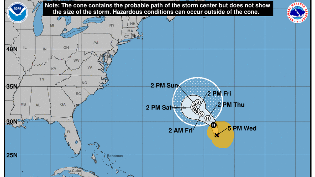 The position and projected path of Hurricane Tammy as of 5 p.m. Oct. 25.