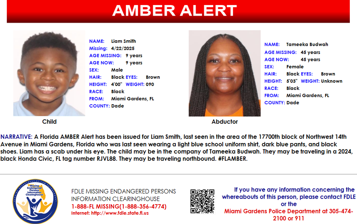 Amber Alert issued for Liam Smith, 9, last seen in Miami Gardens. He may be with Tameeka Budwah in a black Honda Civic. Call 911 if you have info.