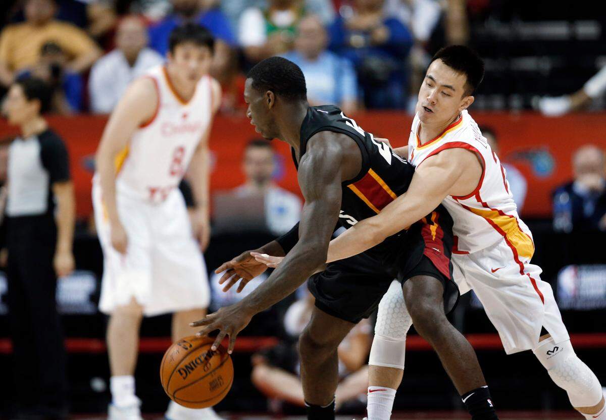 China’s Zhao Jiwei (24) fouls Miami Heat’s Kendrick Nunn (25) during an NBA summer league basketball game Friday, July 5, 2019, in Las Vegas. (AP Photo/Steve Marcus)