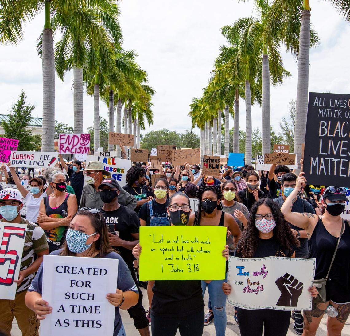 Protesters gather in front of Homestead City Hall during a peaceful protest for Black Lives Matter on Sunday, June 7, 2020.