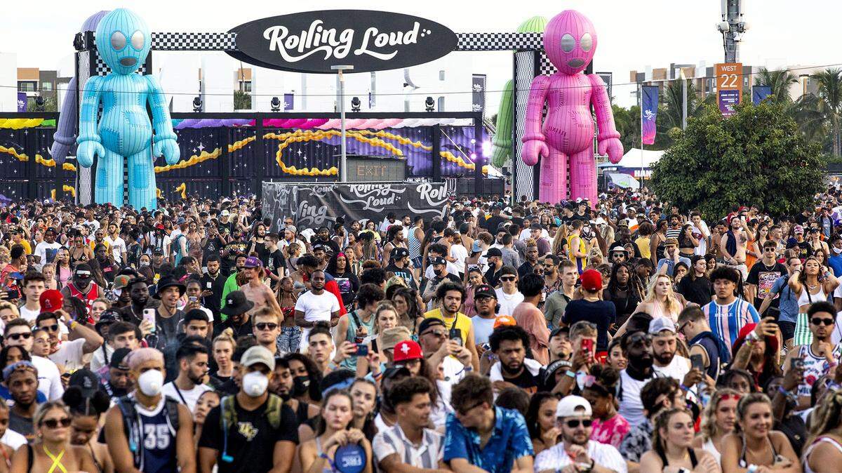 A view of the crowd in attendance during the third day of Rolling Loud Miami, an international hip hop festival, at Hard Rock Stadium in Miami Gardens, Florida, on Sunday, July 25, 2021.