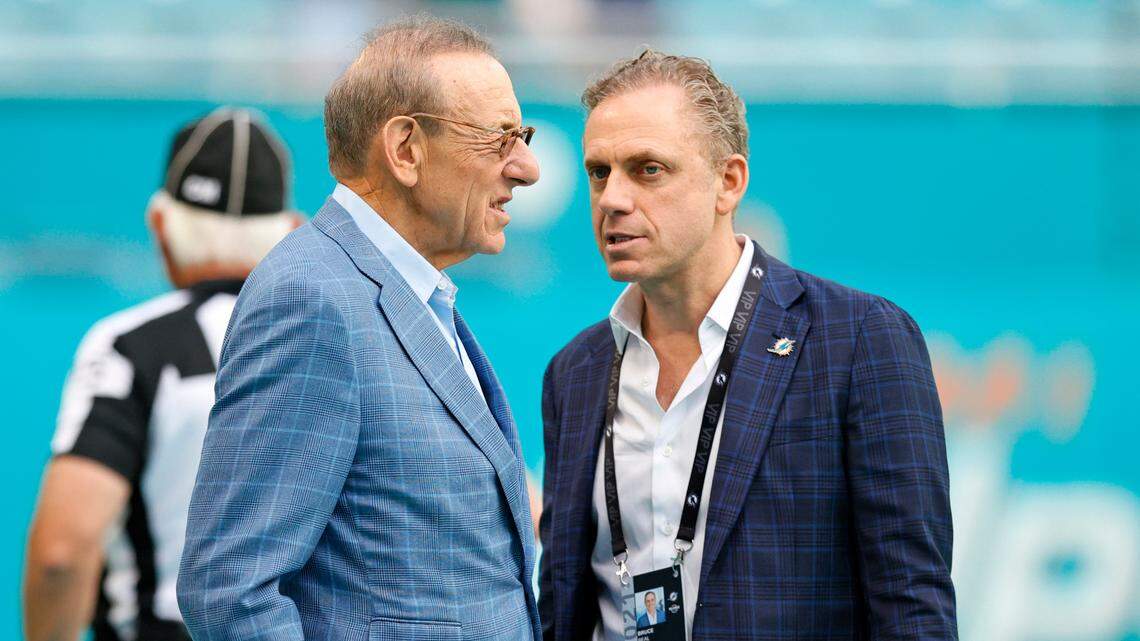 Dolphins owner Stephen M. Ross and Dolphins vice chairman Bruce Beal before the start of an NFL football game against the New York Giants at Hard Rock Stadium on Sunday, December 5, 2021 in Miami Gardens, Florida.