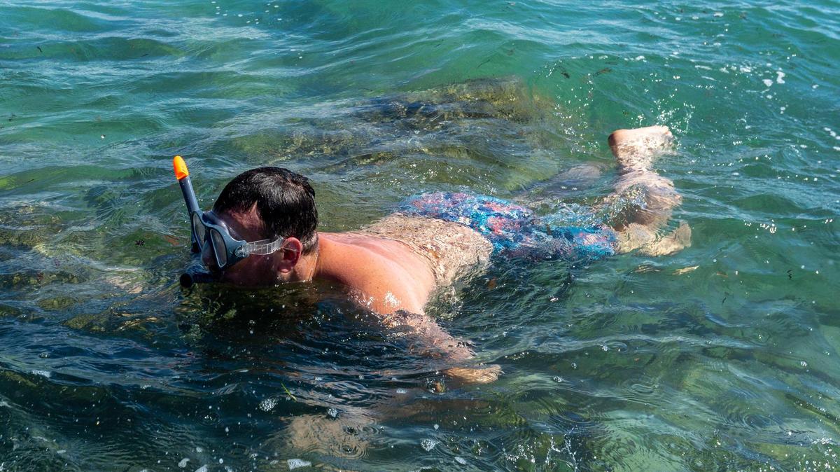 A man snorkels around the jetty at Bill Baggs Cape Florida State Park in Key Biscayne, Florida, on Wednesday, Feb. 22, 2023. Temperatures are soaring to the mid- to upper-80s on Wednesday and the rest of the week.