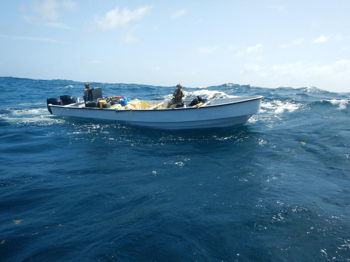 U.S. Coast Guard Law Enforcement Detachment 408 crew interdicts a suspicious vessel about 87 miles north of Bonaire, June 30, 2025. The crew of the Nav’s USS Cole provided support during the interdiction, resulting in the seizure of approximately 2,425 pounds of cocaine, according to the Coast Guard.