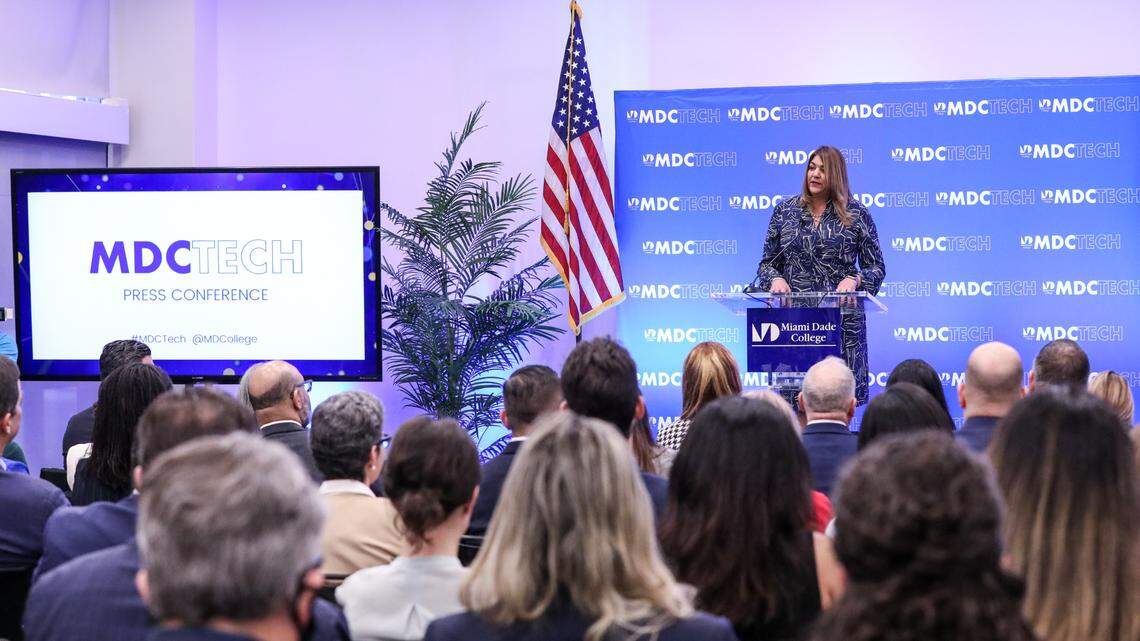 Miami Dade College President Madeline Pumariega announces a $15 million investment from local government entities and the Knight Foundation to support broadening the school’s technology curriculum.