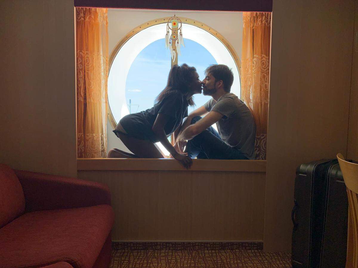 Julia Whitcomb, 24, and Bruno Cruells, 30, say their final goodbye after 57 days isolated together on Royal Caribbean Cruises’ Celebrity Infinity cruise ship during the COVID-19 pandemic. Cruells was moved to the Celebrity Reflection ship on May 8.