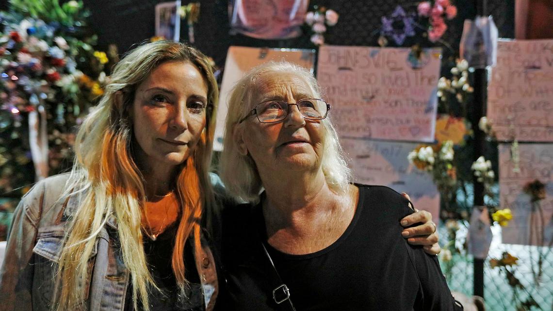 Marilina Apfelbaum and her mother, Julieta Apfelbaum, at the memorial in Surfside on Monday evening, July 5, 2021.