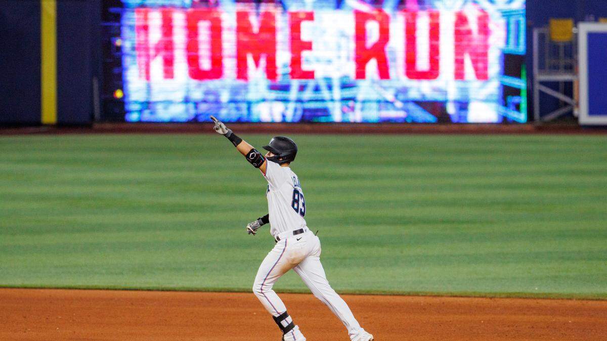 Miami Marlins third baseman Charles Leblanc (83) rounds the bases after hitting a solo home run during the sixth inning of a baseball game against the New York Mets at LoanDepot Park on Sunday, July 31, 2022 in Miami, Florida.