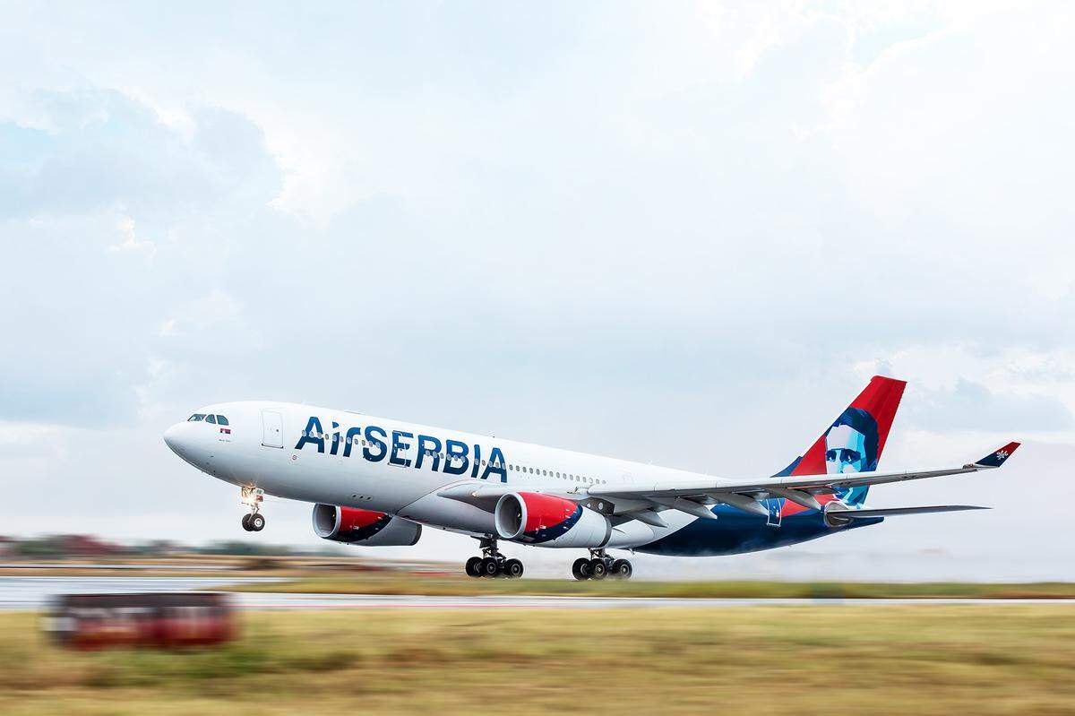 An Air Serbia flight taking off.