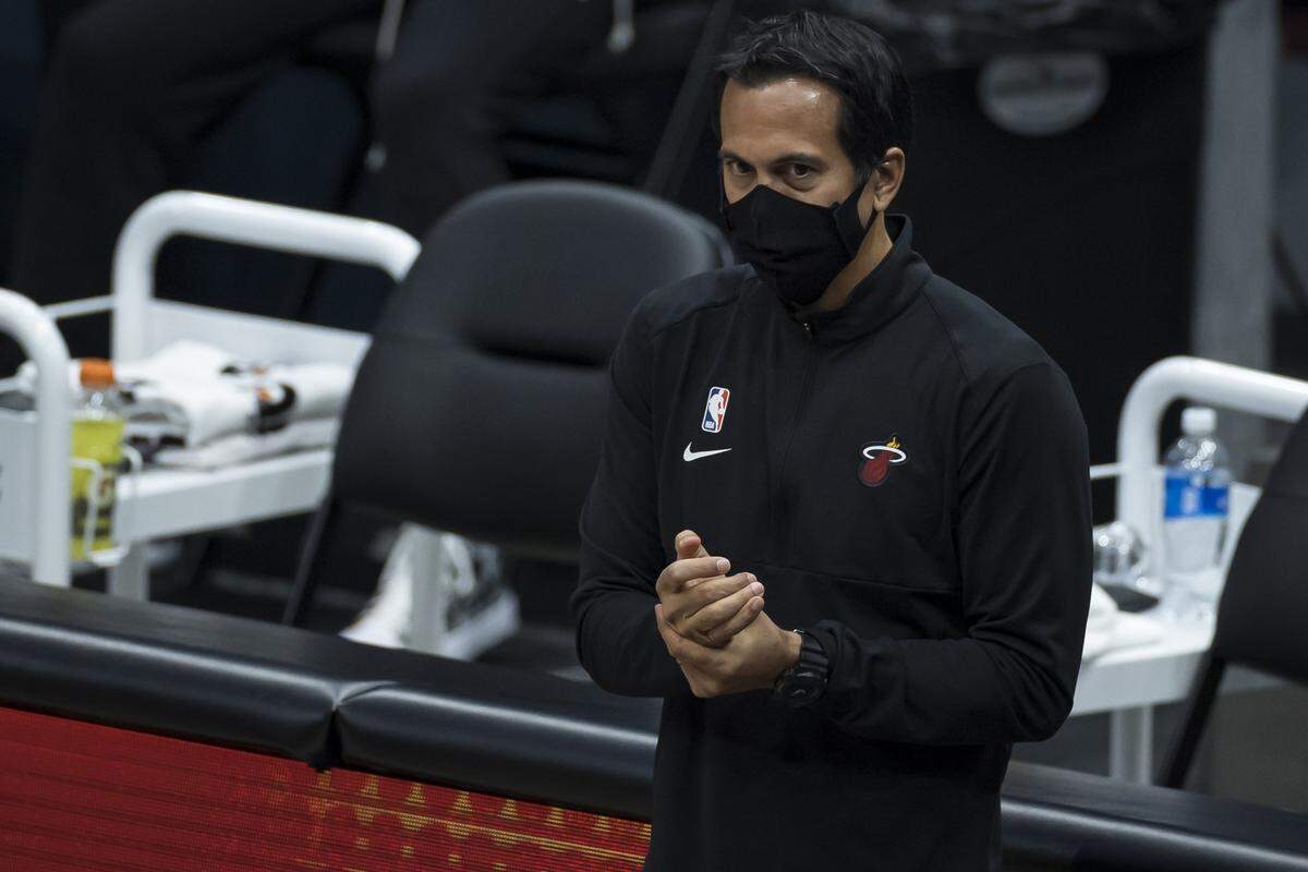 Heat coach Erik Spoelstra looks on during the second half of a game against the Washington Wizards at Capital One Arena on Jan. 9, 2021 in Washington, DC.