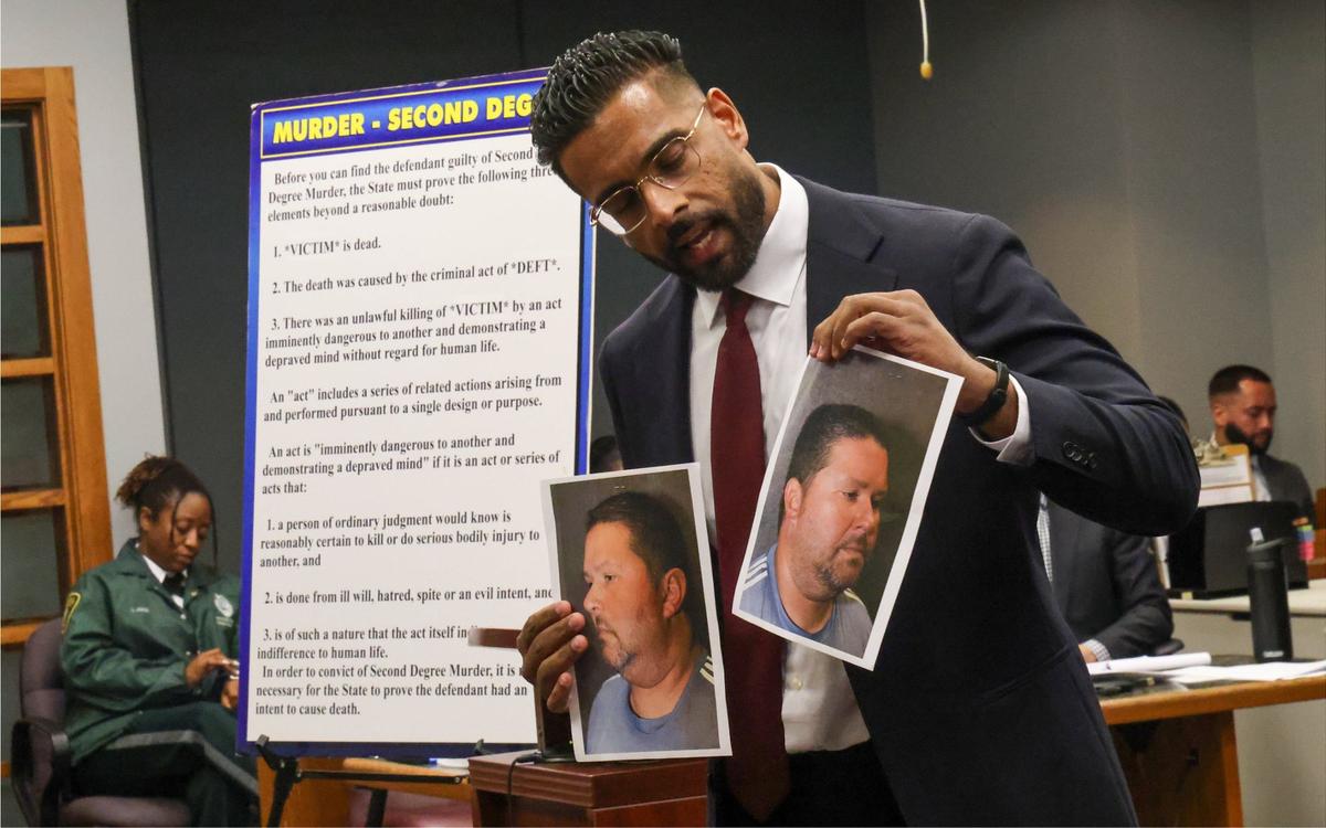 Arvid Singh, an assistant Miami-Dade state attorney, holds photos of Kadel Piedrahita showing no visible injuries during closing arguments of the murder trial of cyclist Alexis Palencia on Monday, Sept. 16, 2024, the Richard E. Gerstein Justice Building in Miami, Florida. The jury found Piedrahita guilty of killing Palencia, a cyclist on the Rickenbacker Causeway in 2019.