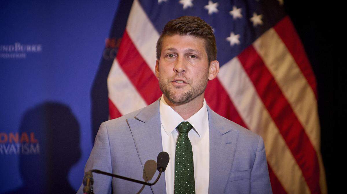 James Uthmeier speaks at the National Conservative Convention in Washington D.C., Sept. 3, 2025. (Photo by Dominic Gwinn / Middle East Images via AFP) (Photo by DOMINIC GWINN/Middle East Images/AFP via Getty Images)          