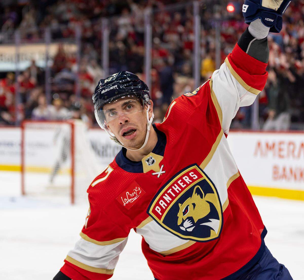 Florida Panthers center Evan Rodrigues (17) celebrates after scoring a goal against the Dallas Stars in the first period of their NHL game at the Amerant Bank Arena on Wednesday, Dec. 6, 2023, in Sunrise, Fla.