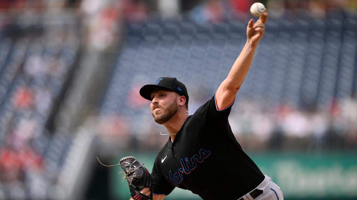Miami Marlins starting pitcher Daniel Castano throws during the first inning of a baseball game against the Washington Nationals, Saturday, July 2, 2022, in Washington.