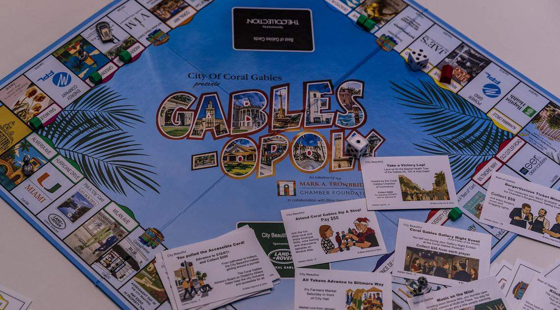 View of the Gables-Opoly's board and cards, a Coral Gables-themed Monopoly-style game, during a meeting at the Coral Gables Chamber of Commerce, on Tuesday, March 17, 2026.