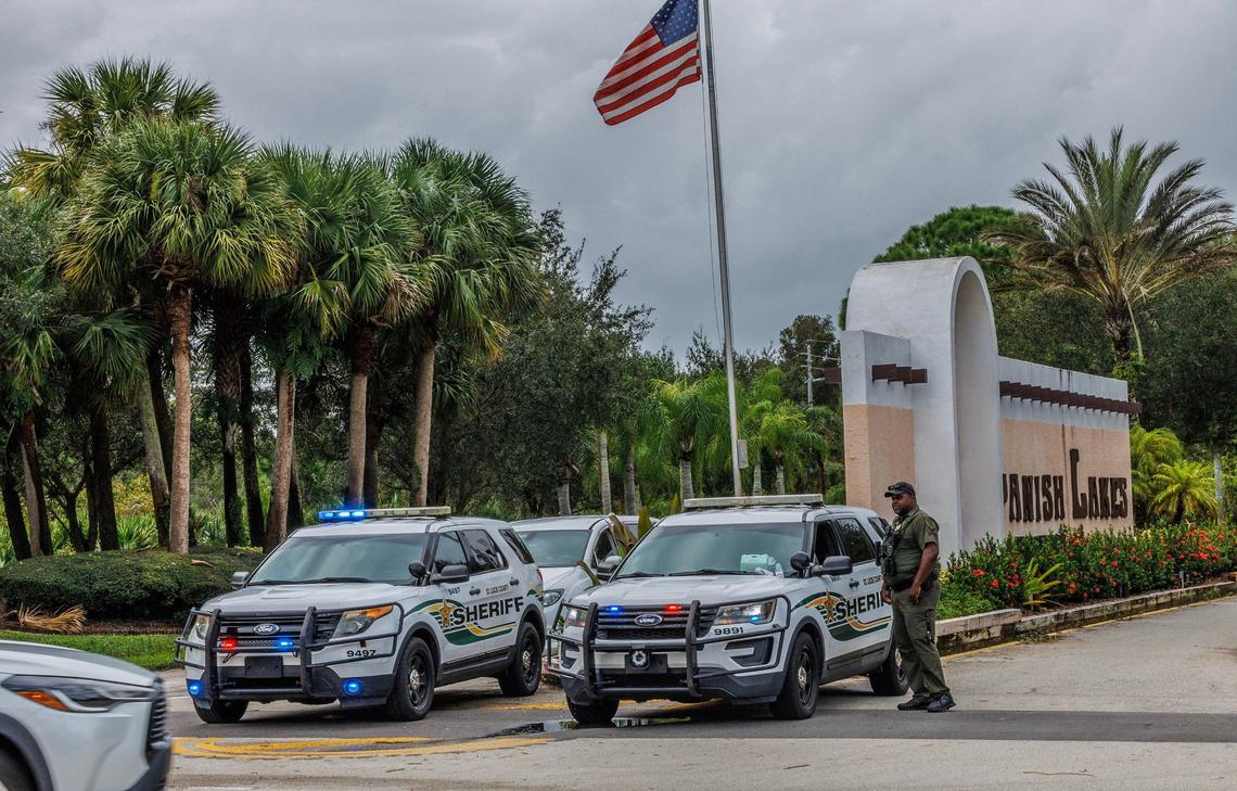 Deputies with the St. Lucie County Sheriff’s Office guard the entrance to the Spanish Lakes Country Club Village in Fort Pierce/Lakewood Park, Friday, Oct. 12, 2024, after a pair of tornadoes tore through hours before Hurricane Milton made landfall on Florida’s west coast on Wednesday Oct. 9, 2024. The tornadoes killed six people in Spanish Lakes.