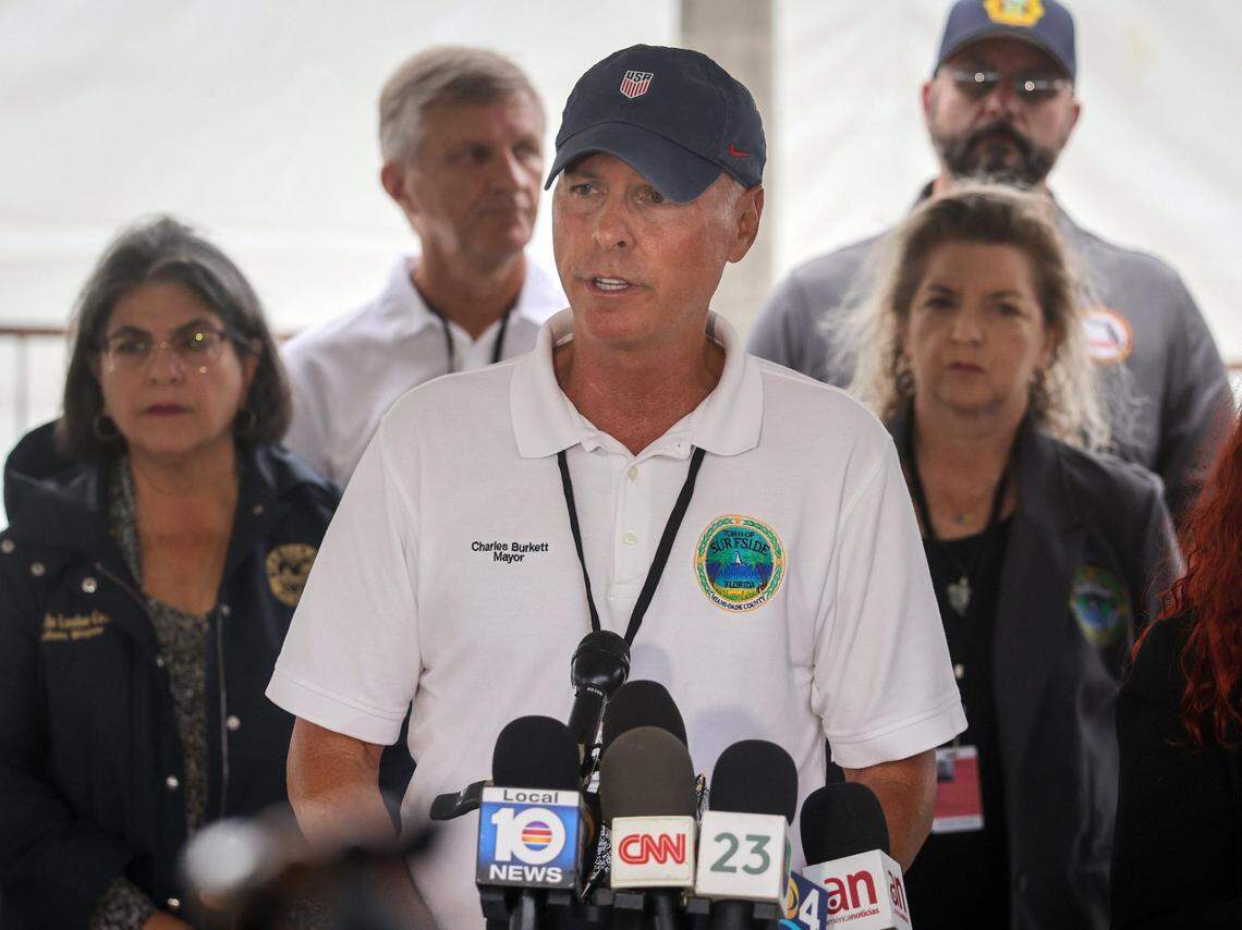 Charles W. Burkett, the mayor of the Town of Surfside, speaks at the daily press conference on Tuesday, July 6, 2021, the 13th day since the collapse of Champlain Towers South in Surfside, Florida.
