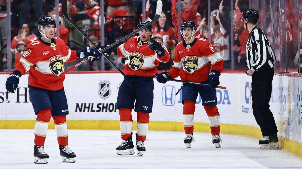 SUNRISE, FLORIDA - OCTOBER 11: Brad Marchand #63 of the Florida Panthers reacts after scoring a goal against the Ottawa Senators during the first period at Amerant Bank Arena on October 11, 2025 in Sunrise, Florida. (Photo by Carmen Mandato/Getty Images)