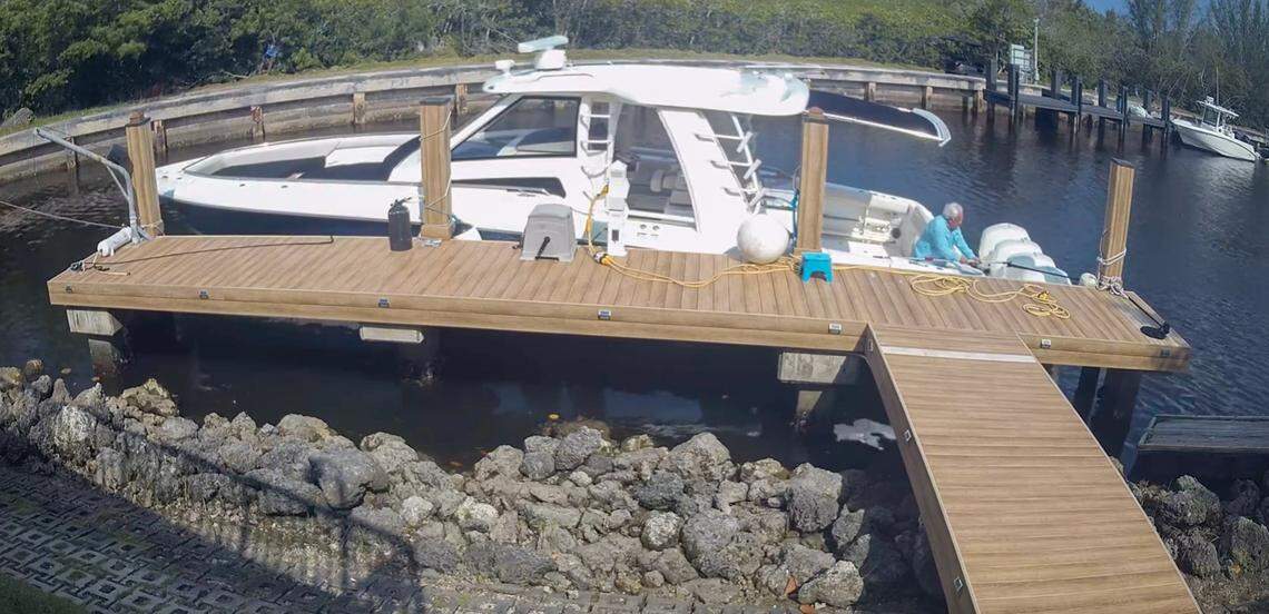 Surveillance footage of Carlos Alonso at his Coral Gables dock. Alonso has been charged with two counts of careless boating after he was piloting his boat and struck and killed a Ransom Everglades School student who had been wakeboarding off Key Biscayne in May 2024.