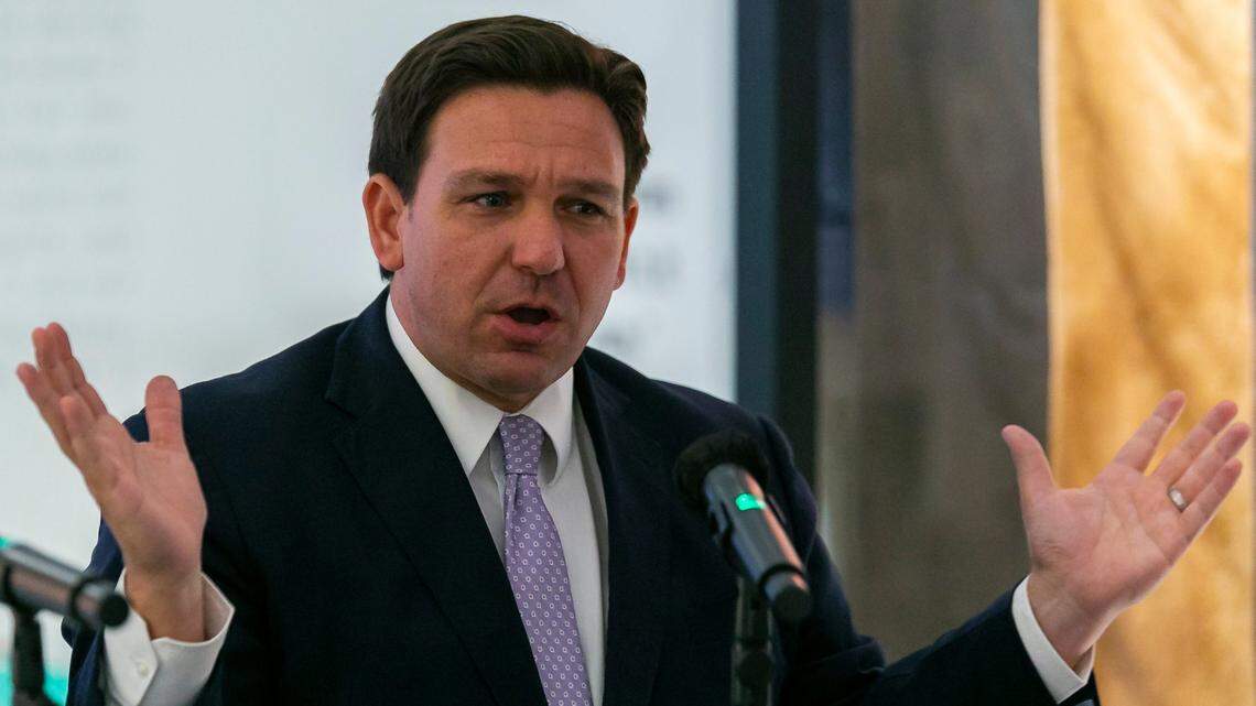 Gov. Ron DeSantis speaks during a roundtable discussion at the American Museum of the Cuban Diaspora in Miami on Monday, Feb. 7, 2022.