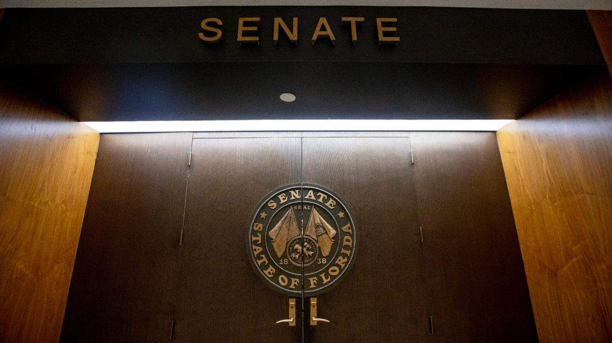 The doors leading to the Florida Senate Chamber at the new Florida State Capitol building in Tallahassee, Florida, on Monday, December 14, 2020.