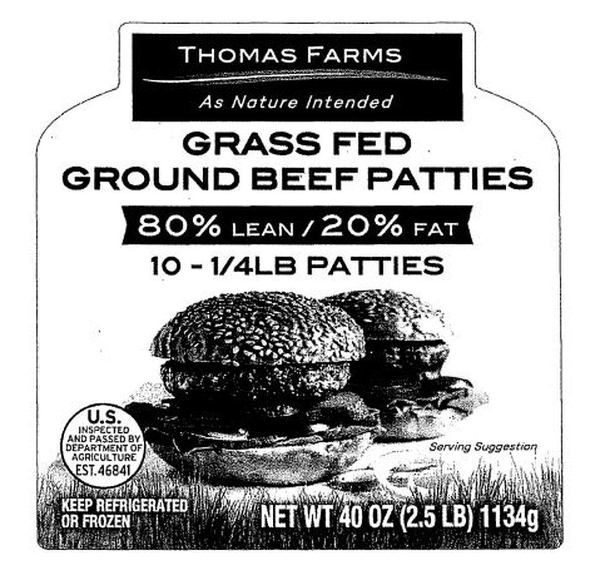 The label for Thomas Farms Grass Fed Ground Beef Patties, 80% Lean