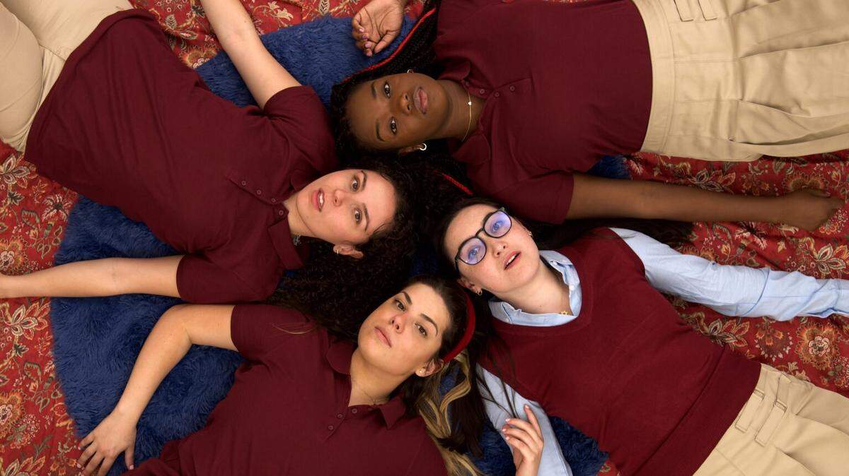 The cast of ‘Our Dear Dead Drug Lord’ at Zoetic Stage through May 22, clockwise from top left, Gina Fonseca, Mikayla Queeley, Rachel Eddy and Sofia Duemichen.