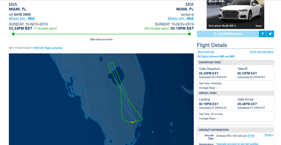 The Envoy Air flight number 3407, was traveling to Greenville/Spartanburg International Airport near Greer, South Carolina, when it had to divert back to Miami International Airport. The plane’s diverted route is shown in green.