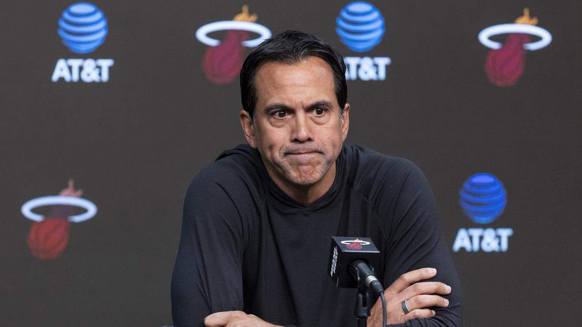 Miami Heat head coach Erik Spoelstra participates in his team's season-ending exit interviews at the Kaseya Center on Thursday, April 16, 2026, in downtown Miami, Fla.