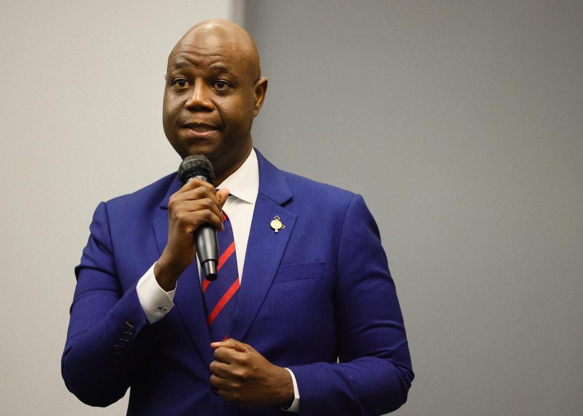 North Miami mayoral candidate Alix Desulme speaks during an election forum hosted by The Greater North Miami Chamber of Commerce.