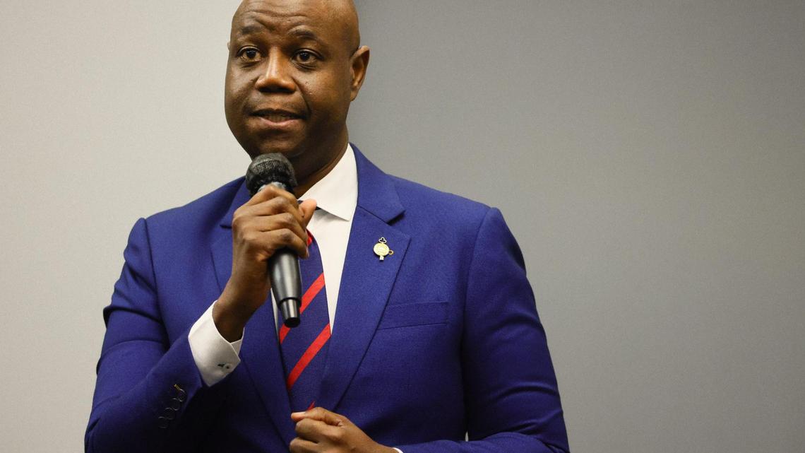 North Miami mayoral candidate incumbent Alix Desulme speaks during an election forum hosted by The Greater North Miami Chamber of Commerce at the Scott Galvin Community Center at 1600 NE 126th Street in North Miami, Florida, Monday, October 21, 2024