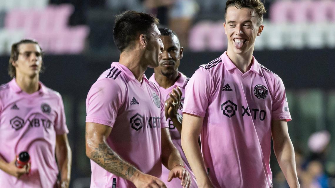 Inter Miami CF defender Harvey Neville (18) reacts after defeating Charleston Battery 1 to 0 in their US Open Cup Round of 32 soccer match at DRV PNK Stadium on Tuesday, May 9, 2023, in Fort Lauderdale, Fla.
