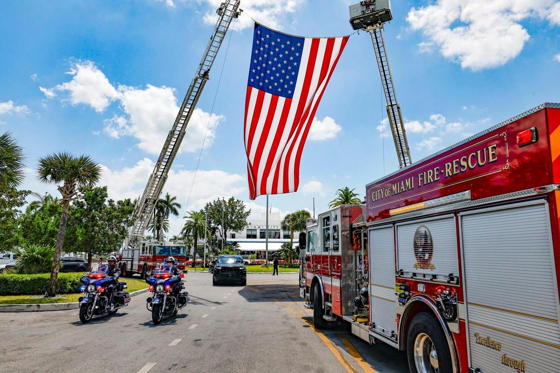 An American flag is displayed outside of Miami City Hall during a memorial service for Miami City Commissioner Manolo Reyes on Wednesday, April 16, 2025.