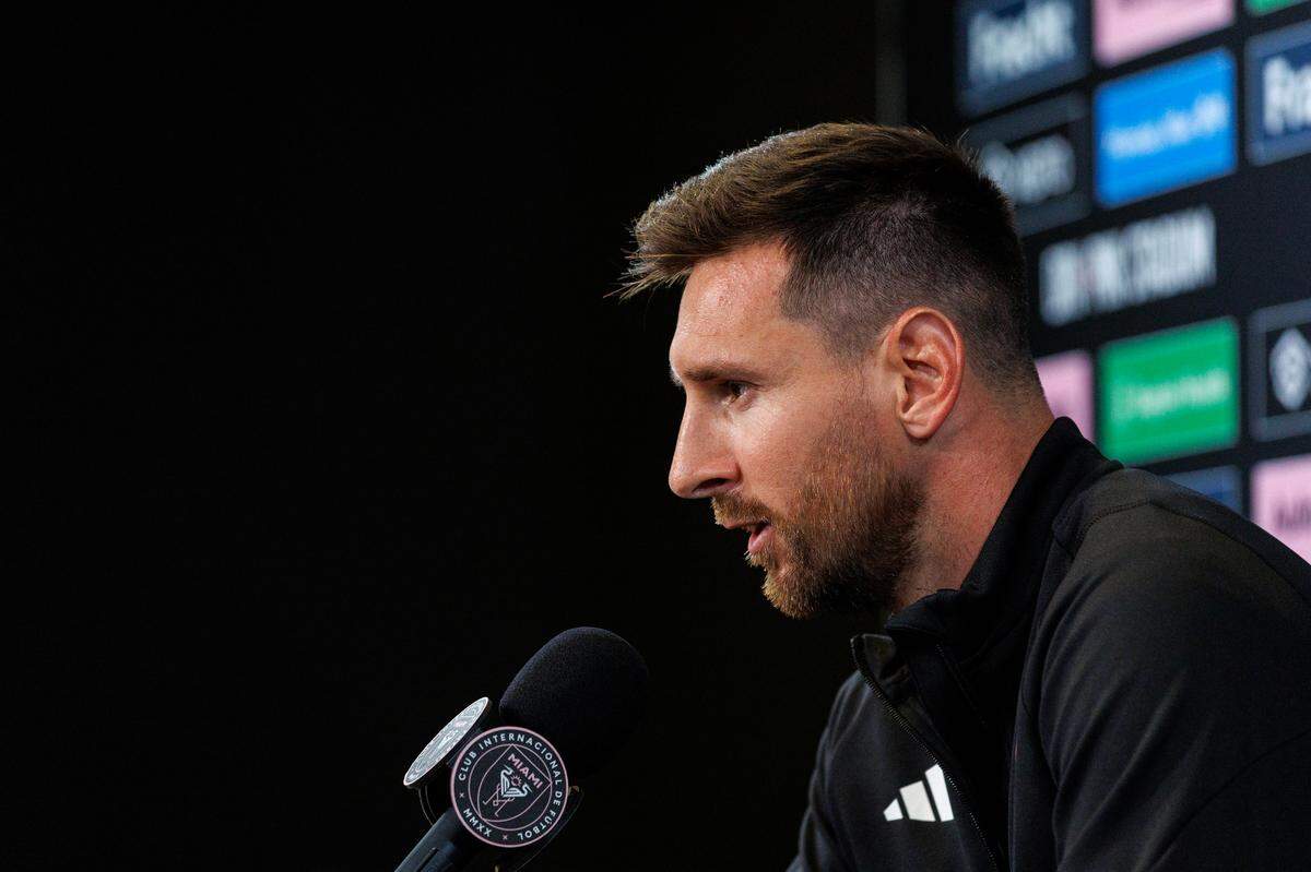Inter Miami forward Lionel Messi speaks with the media during a press conference at DRV PNK Stadium on Thursday, Aug. 17, 2023, in Fort Lauderdale, Fla.