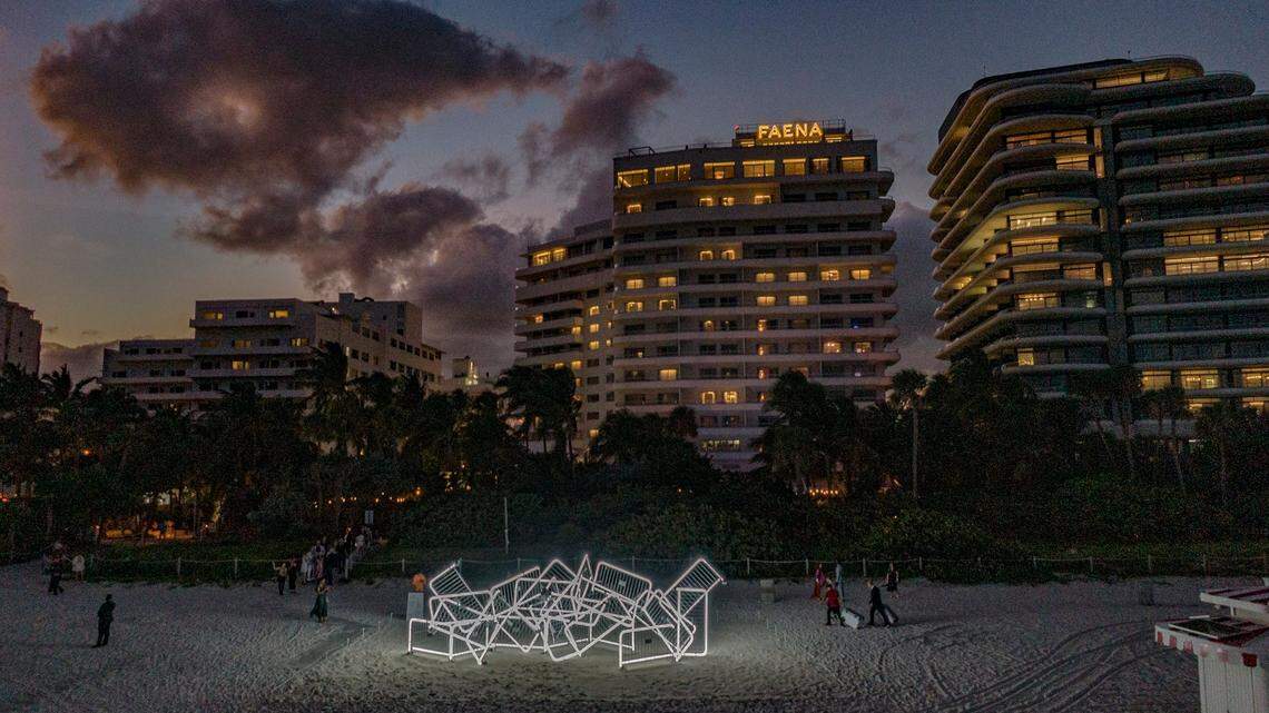 An art piece is pictured in front of the Faena Miami Beach on Nov. 12, 2022. The Faena is one of many historic Art Deco buildings in Miami Beach that would be more difficult to preserve under proposed state legislation.