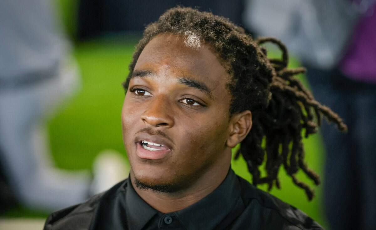 Miami Hurricanes wide receiver Malachi Toney (1) speaks to reporters during UM's football media day on campus at the Carol Soffer Indoor Practice Facility in Coral Gables, Florida, on Monday, August 3, 2026.