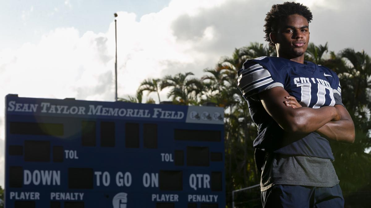 Gabriel Taylor, the younger brother of Sean Taylor, practices with his team at Gulliver Prep High School in Pinecrest, Florida on Wednesday, November 6, 2019.
