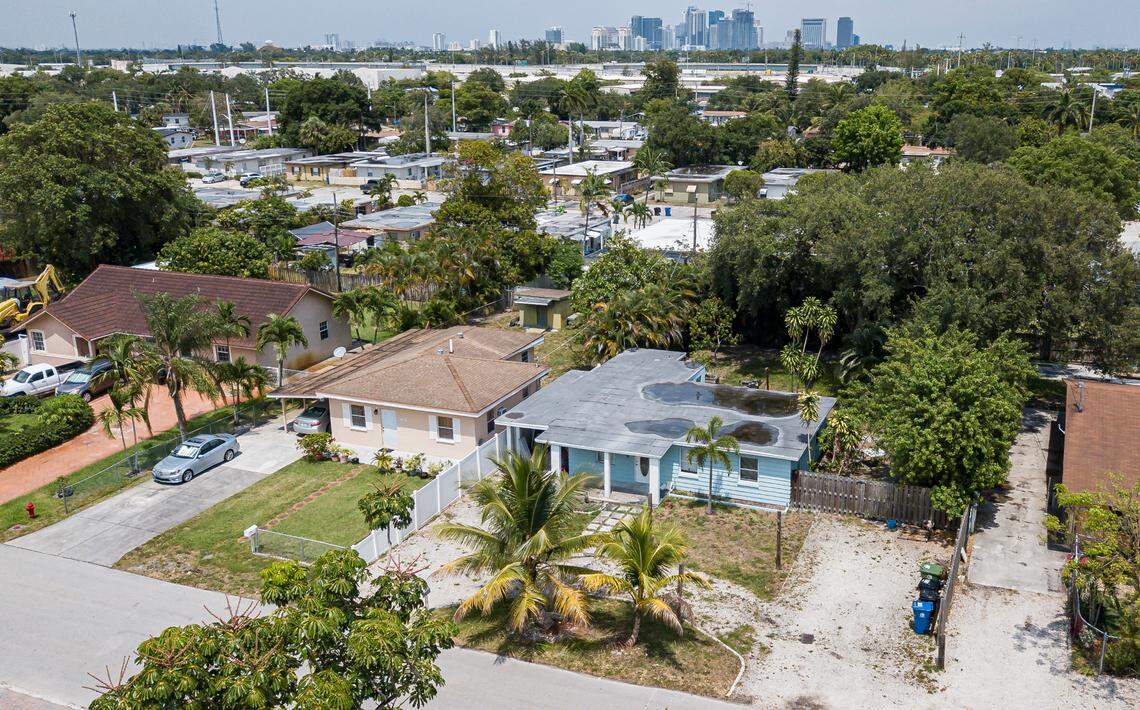Aerial view of Ashley Bowman’s condemned Fort Lauderdale home, which has several feet of water inside after the April 2023 rainbomb.