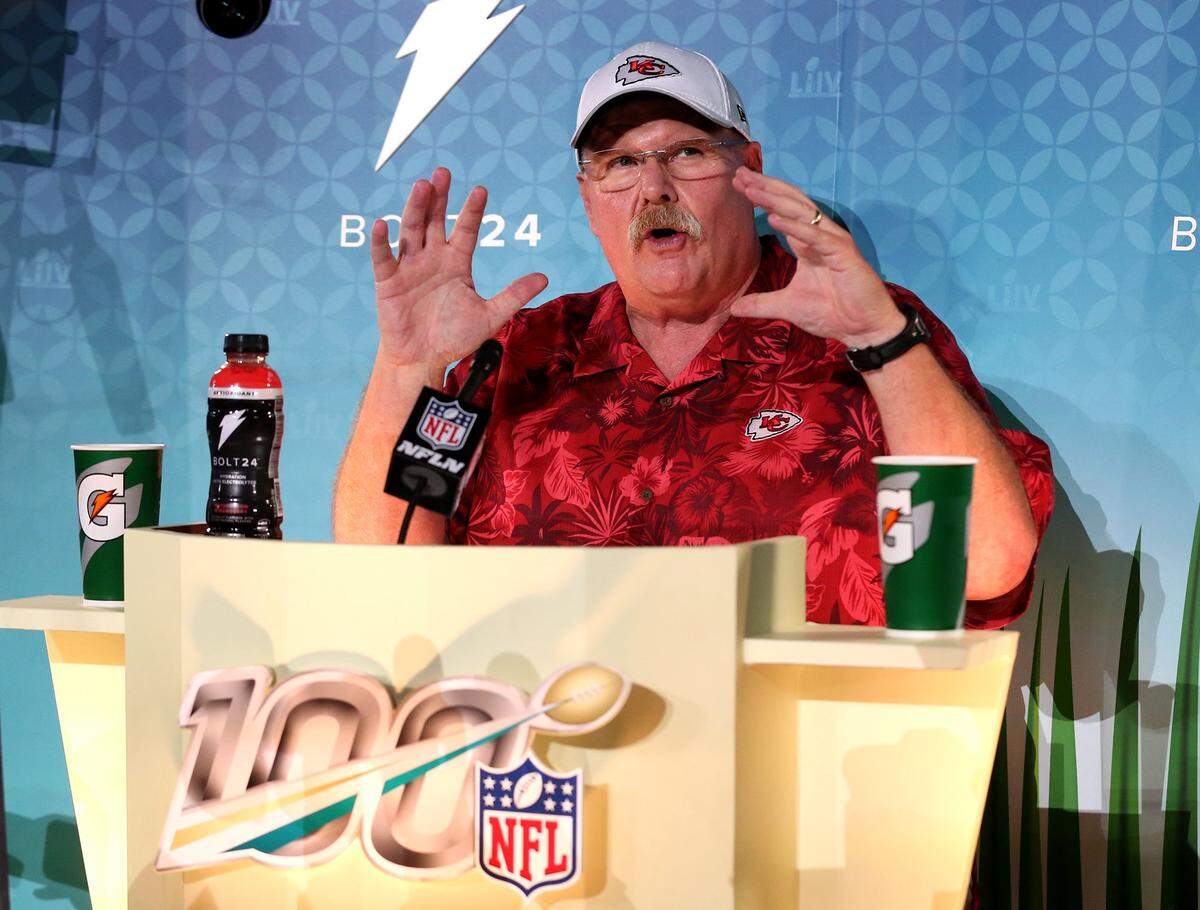 Kansas City Chiefs coach Andy Reid in interviewed by the press during Super Bowl Opening Night presented by BOLT24, the national kick off for Super Bowl LIV festivities at Marlins Park in Miami, Florida on Monday, January 27, 2020.