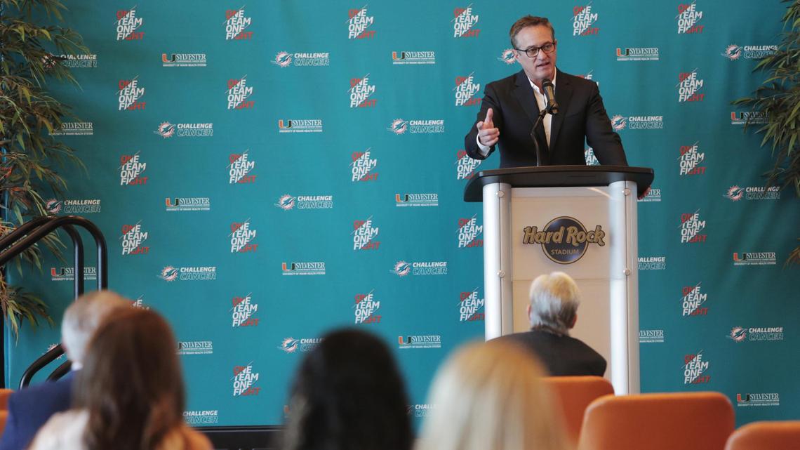 Tom Garfinkel, vice chairman, president and CEO of the Miami Dolphins, speaks during a presentation at Hard Rock Stadium in Miami Gardens. The Miami Dolphins announced a $75 million gift to Sylvester Comprehensive Cancer Center, part of the University of Miami Health System, on Nov. 10, 2020.