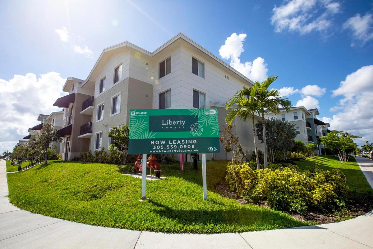 The exterior of Liberty Square, a public housing complex that offers affordable one-, two-, three- and four-bedroom apartments, in Miami, Florida, on Tuesday, May 18, 2021. Eden at Liberty Square is Related Group’s $300 million redevelopment of Liberty Square, which opened October 30 and adds 204 affordable and workforce housing units.