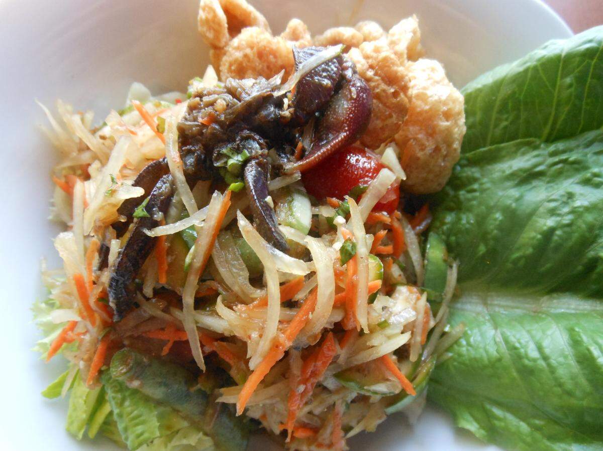 Green papaya salad with rice paddy crab at Malakor Thai Isaan.